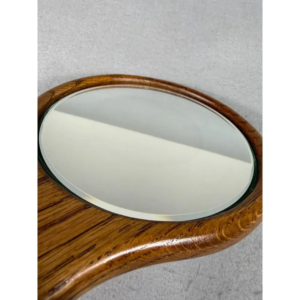 Vintage Solid Oak Wood Handheld Mirror Beveled Glass Round Hand Mirror Vanity 12